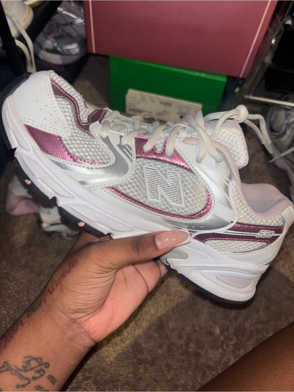 New Balance Kids White and Pink Metallic Accent Sneakers
